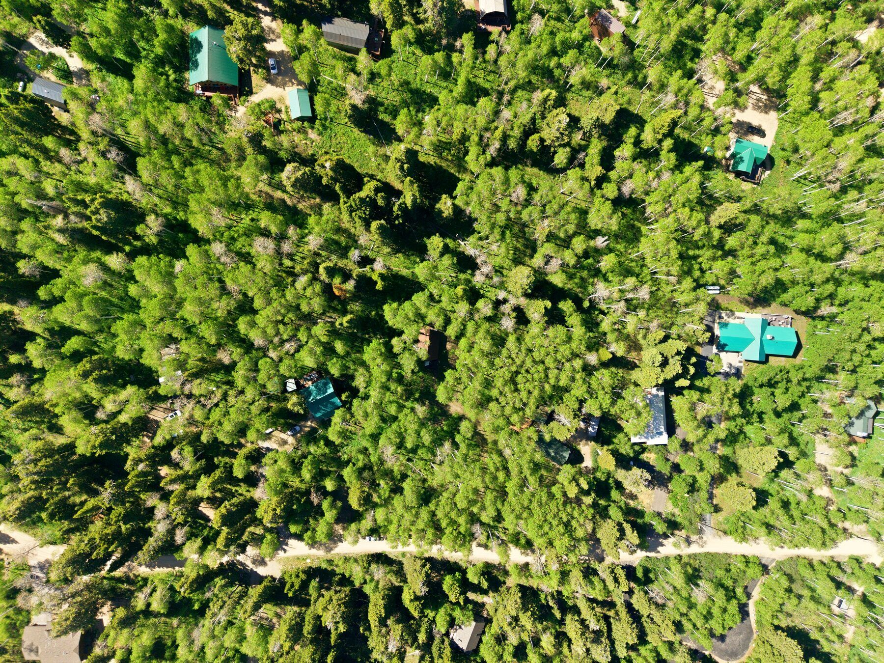 Overhead drone view of the cabin nestled in dense Timber Lakes forest near Heber City